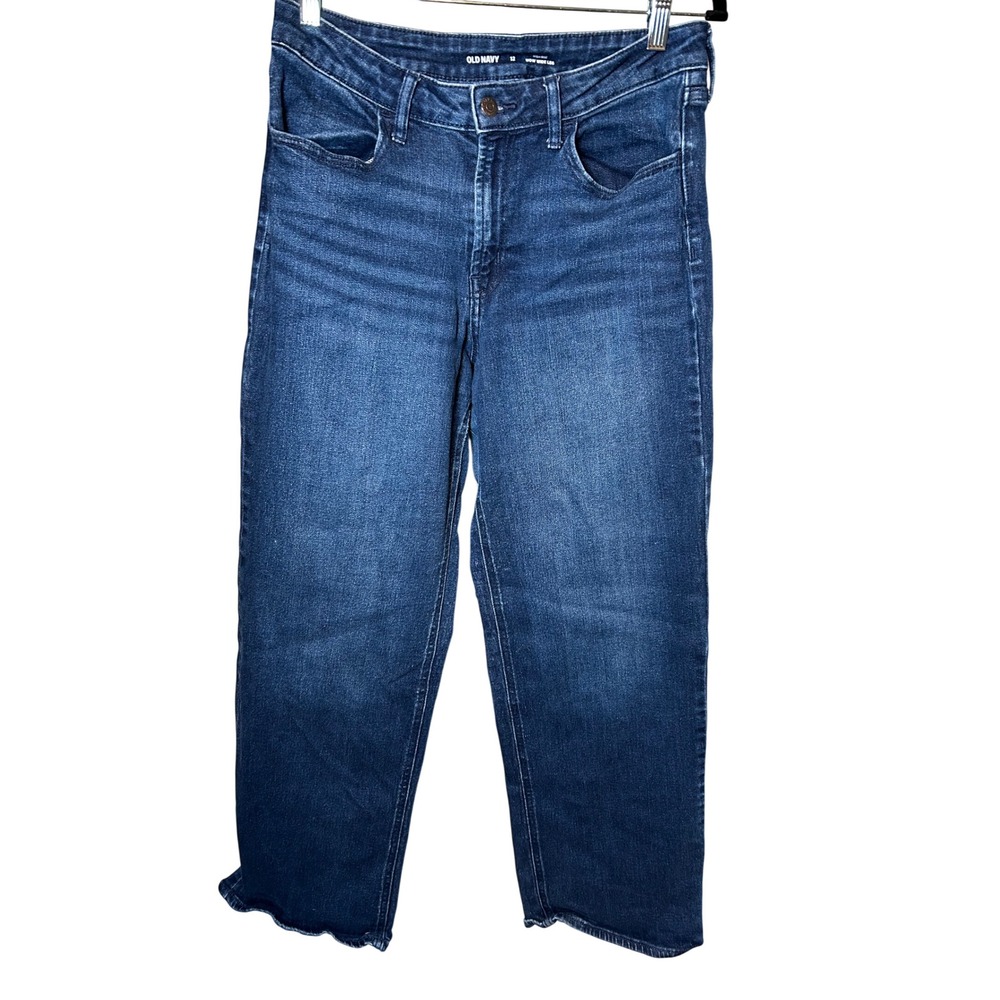 Old Navy Jeans Women's 12 Blue High Rise Wow Wide Leg Raw Hem Stretch Denim
